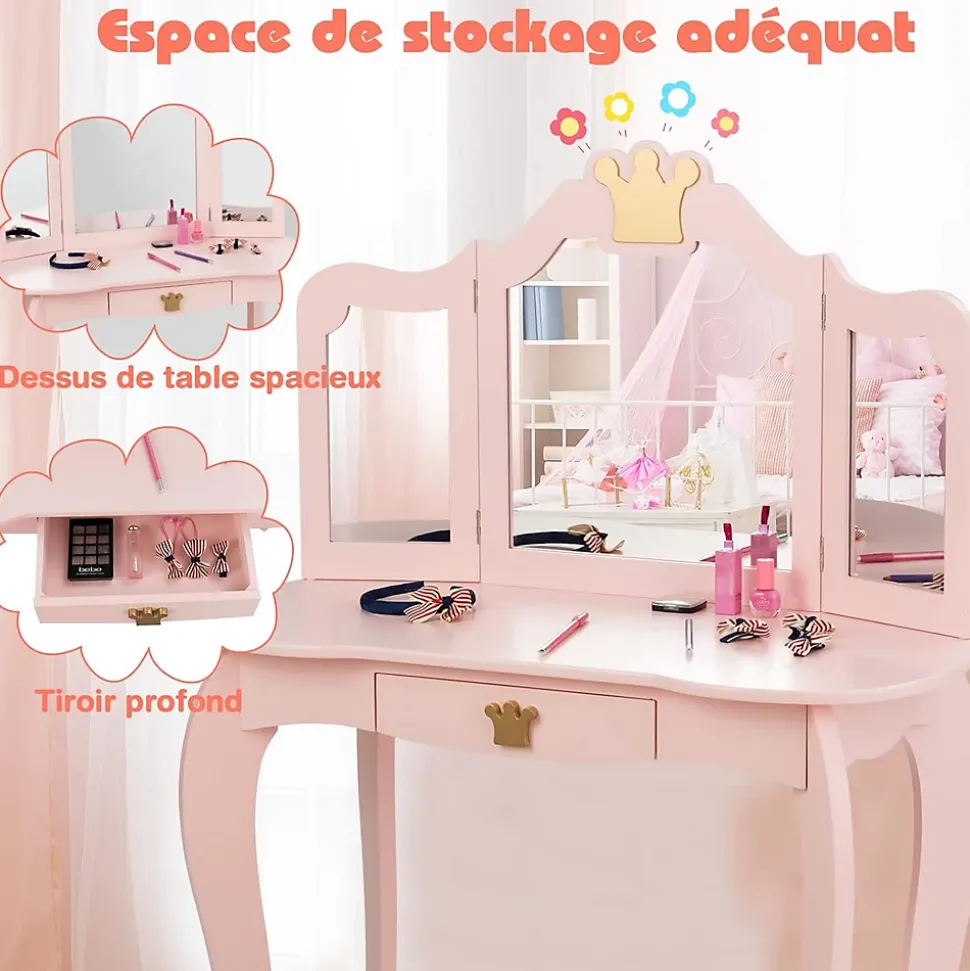 Coiffeuse pour Enfant 2 en 1, Table de Maquillage avec Tabouret et 3 Miroirs Amovibles, pour Enfants de 3-7 Ans (Rose)