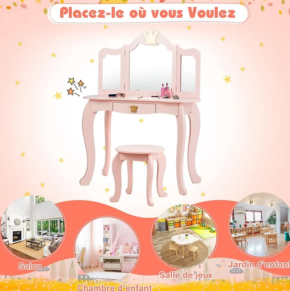 Coiffeuse pour Enfant 2 en 1, Table de Maquillage avec Tabouret et 3 Miroirs Amovibles, pour Enfants de 3-7 Ans (Rose)