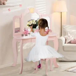 Coiffeuse pour Enfant 2 en 1, Table de Maquillage avec Tabouret et 3 Miroirs Amovibles, pour Enfants de 3-7 Ans (Rose)