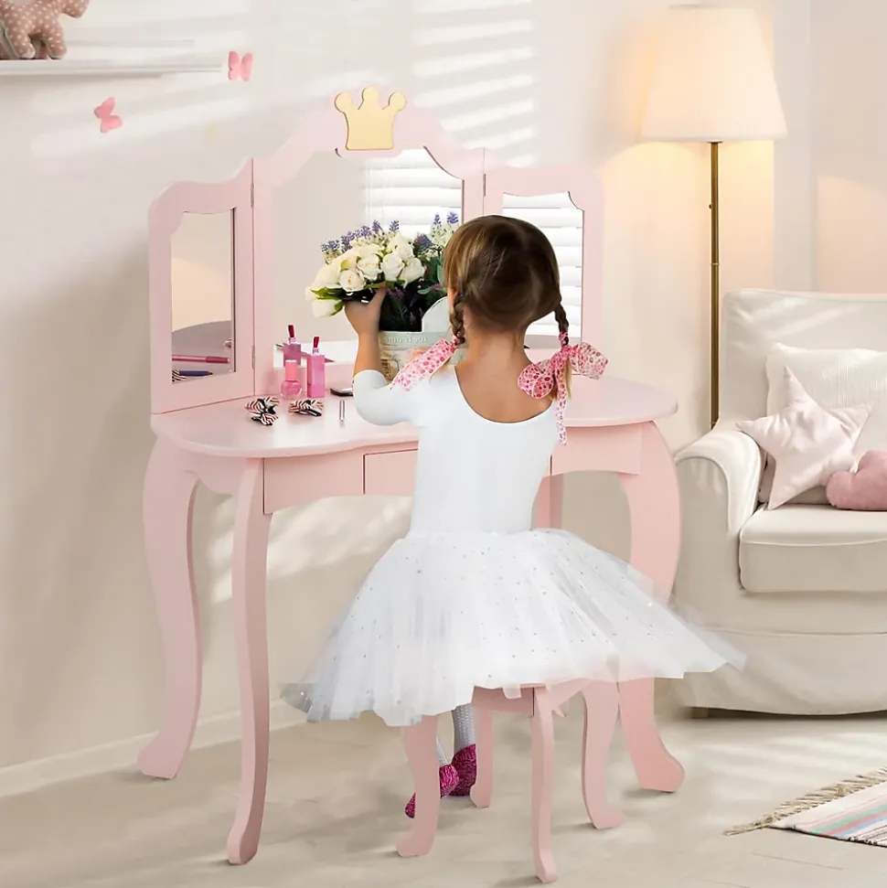 Coiffeuse pour Enfant 2 en 1, Table de Maquillage avec Tabouret et 3 Miroirs Amovibles, pour Enfants de 3-7 Ans (Rose)
