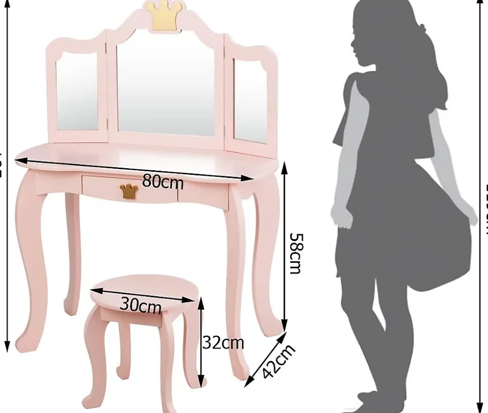 Coiffeuse pour Enfant 2 en 1, Table de Maquillage avec Tabouret et 3 Miroirs Amovibles, pour Enfants de 3-7 Ans (Rose)