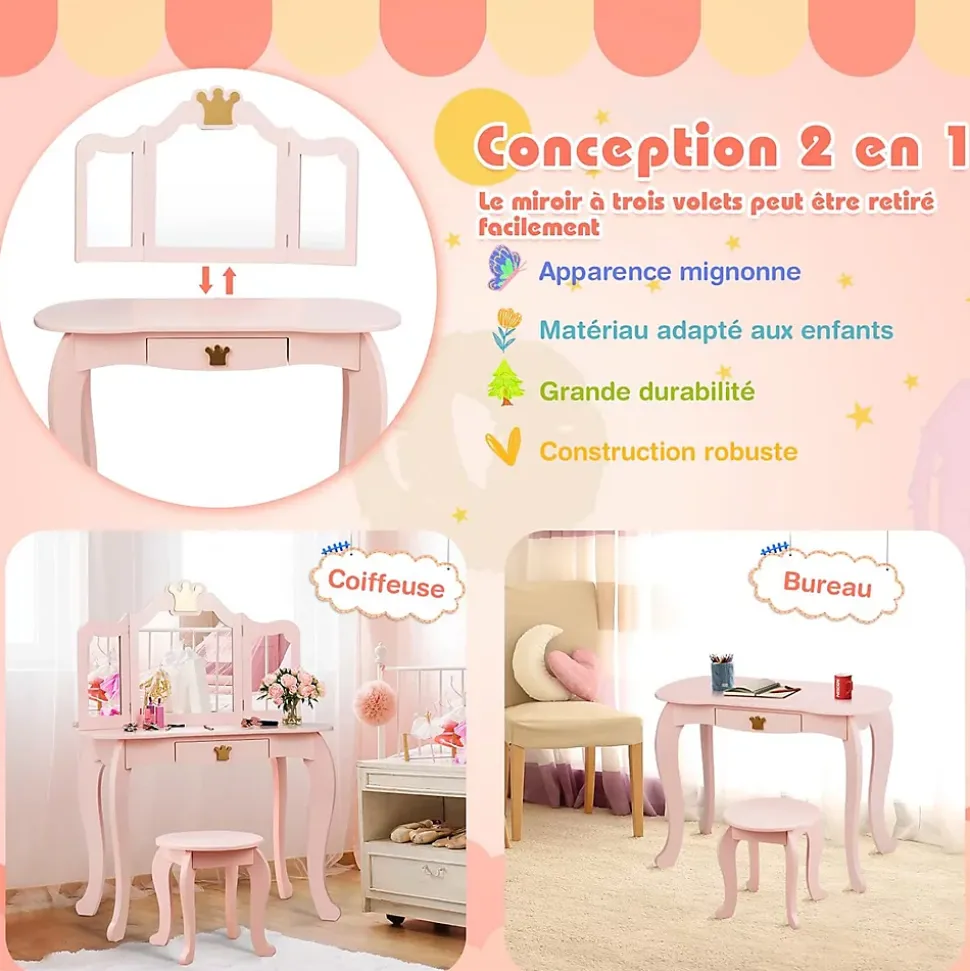 Coiffeuse pour Enfant 2 en 1, Table de Maquillage avec Tabouret et 3 Miroirs Amovibles, pour Enfants de 3-7 Ans (Rose)
