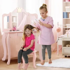 Coiffeuse pour Enfant 2 en 1, Table de Maquillage avec Tabouret et 3 Miroirs Amovibles, pour Enfants de 3-7 Ans (Rose)
