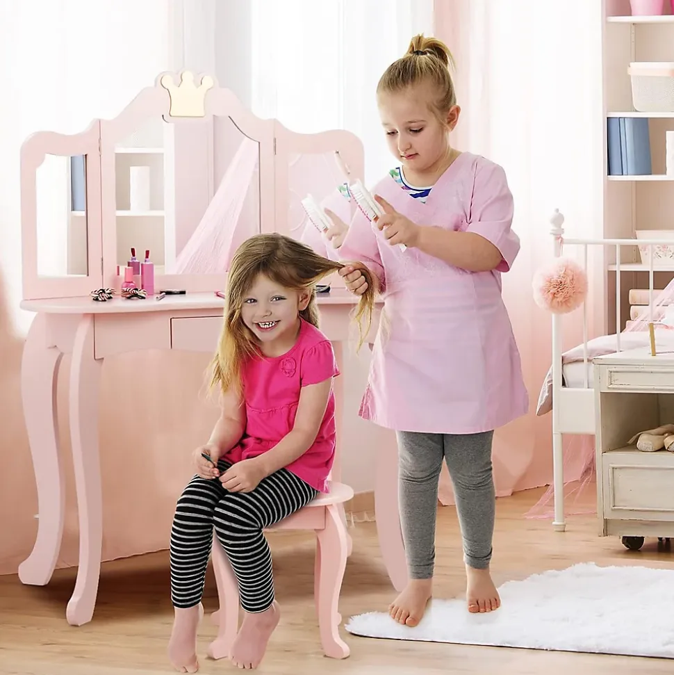 Coiffeuse pour Enfant 2 en 1, Table de Maquillage avec Tabouret et 3 Miroirs Amovibles, pour Enfants de 3-7 Ans (Rose)