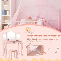 Coiffeuse pour Enfant 2 en 1, Table de Maquillage avec Tabouret et 3 Miroirs Amovibles, pour Enfants de 3-7 Ans (Rose)