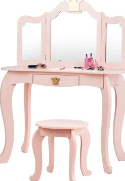 Coiffeuse pour Enfant 2 en 1, Table de Maquillage avec Tabouret et 3 Miroirs Amovibles, pour Enfants de 3-7 Ans (Rose)