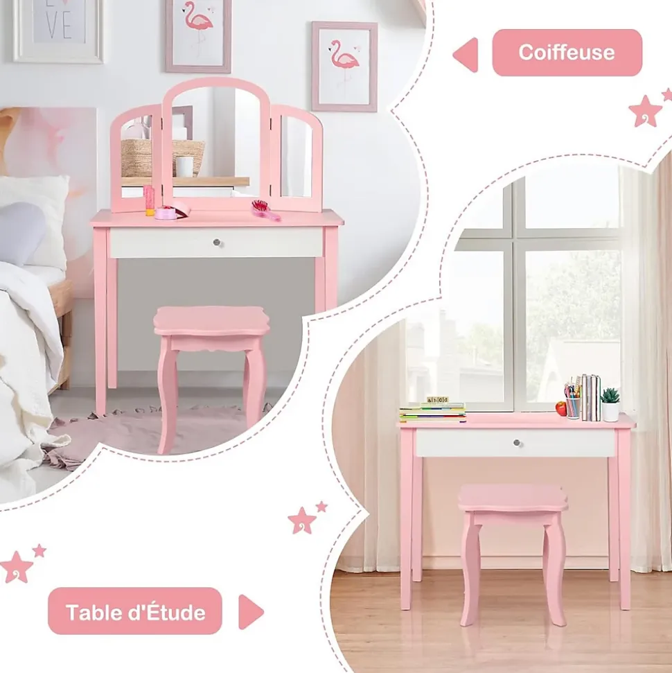 Coiffeuse pour Enfant avec Miroir Pliant Inclus de Table de Maquillage et Tabouret 1 Grand Tiroir Accessoire de Maquillage