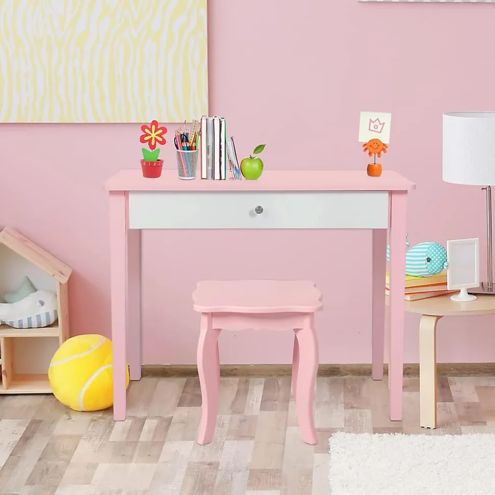 Coiffeuse pour Enfant avec Miroir Pliant Inclus de Table de Maquillage et Tabouret 1 Grand Tiroir Accessoire de Maquillage
