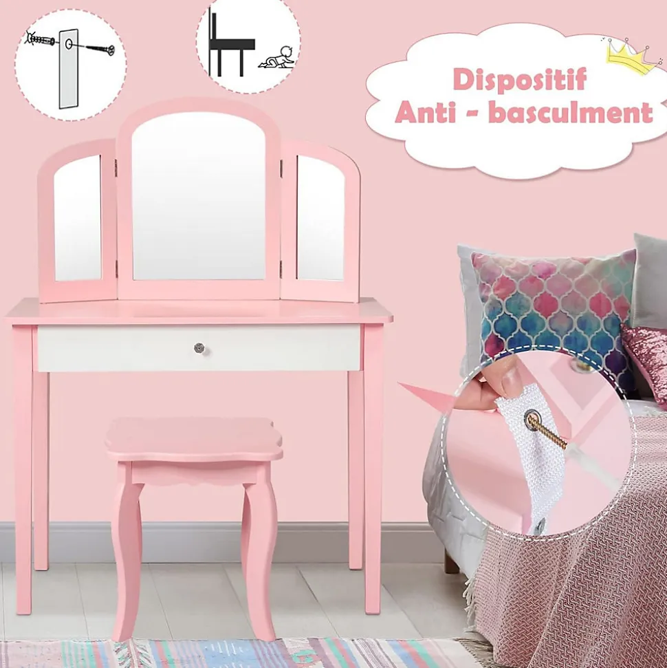 Coiffeuse pour Enfant avec Miroir Pliant Inclus de Table de Maquillage et Tabouret 1 Grand Tiroir Accessoire de Maquillage