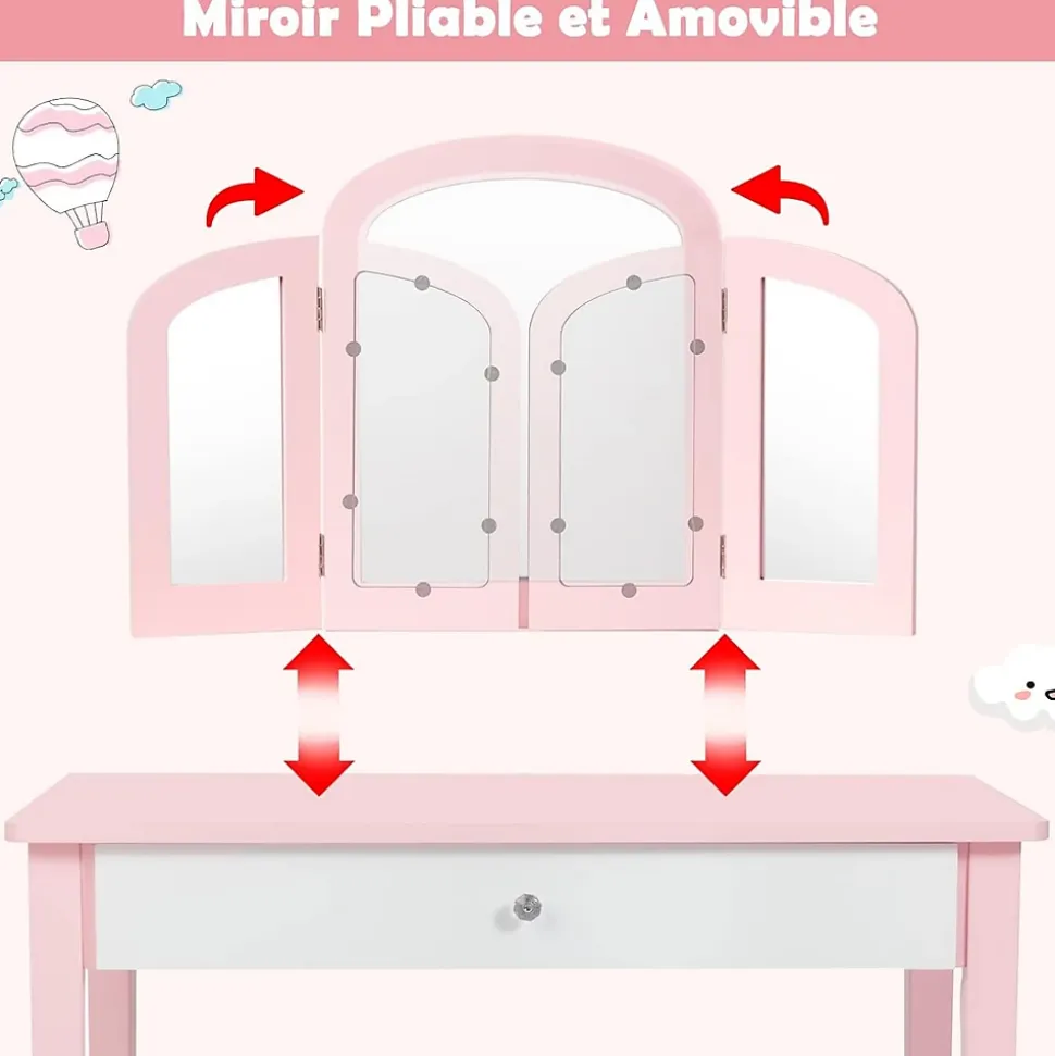 Coiffeuse pour Enfant avec Miroir Pliant Inclus de Table de Maquillage et Tabouret 1 Grand Tiroir Accessoire de Maquillage