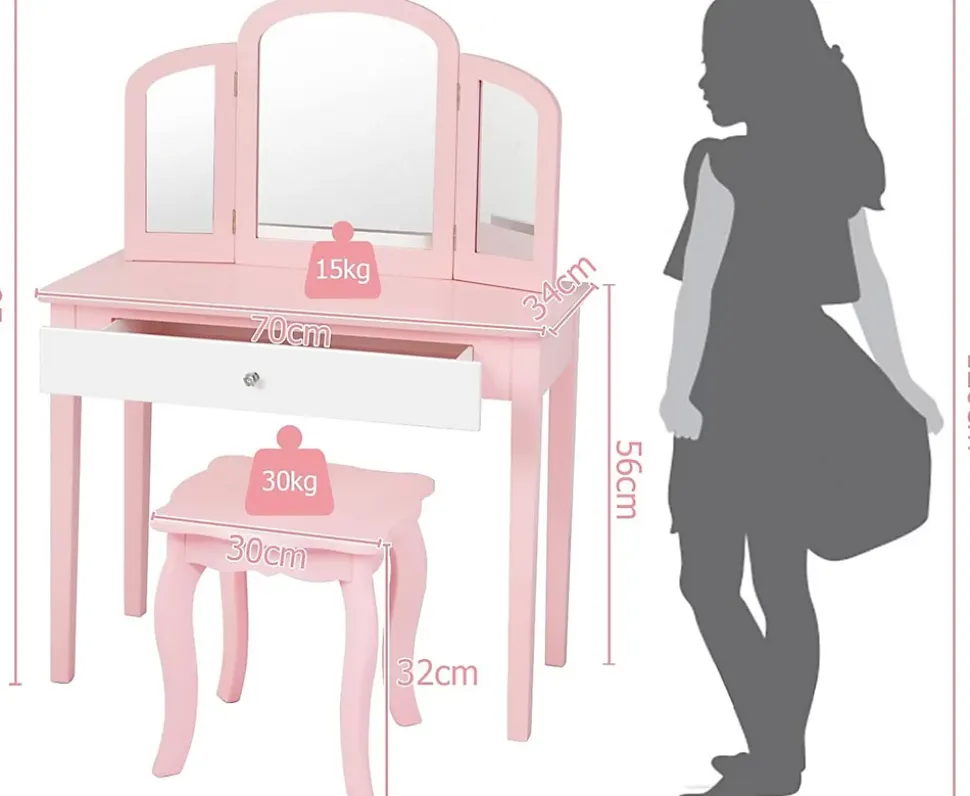 Coiffeuse pour Enfant avec Miroir Pliant Inclus de Table de Maquillage et Tabouret 1 Grand Tiroir Accessoire de Maquillage