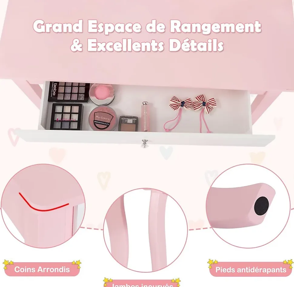 Coiffeuse pour Enfant avec Miroir Pliant Inclus de Table de Maquillage et Tabouret 1 Grand Tiroir Accessoire de Maquillage