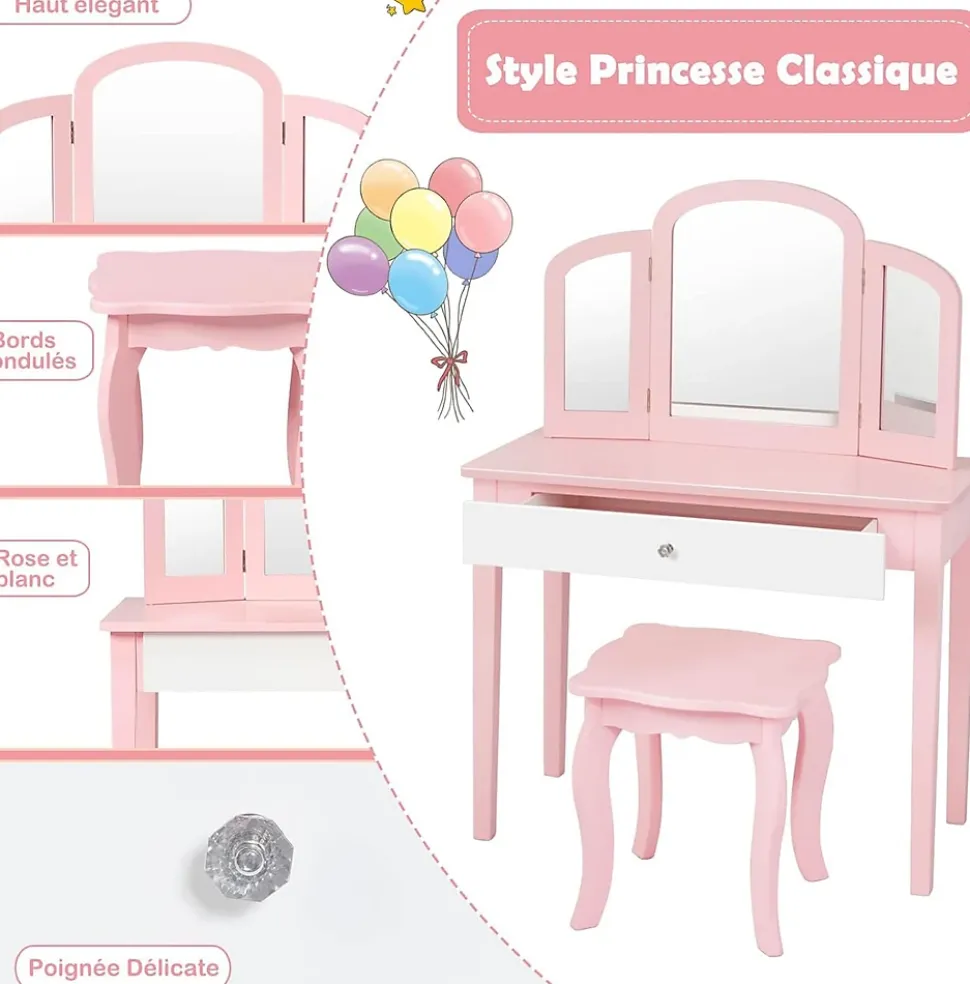 Coiffeuse pour Enfant avec Miroir Pliant Inclus de Table de Maquillage et Tabouret 1 Grand Tiroir Accessoire de Maquillage