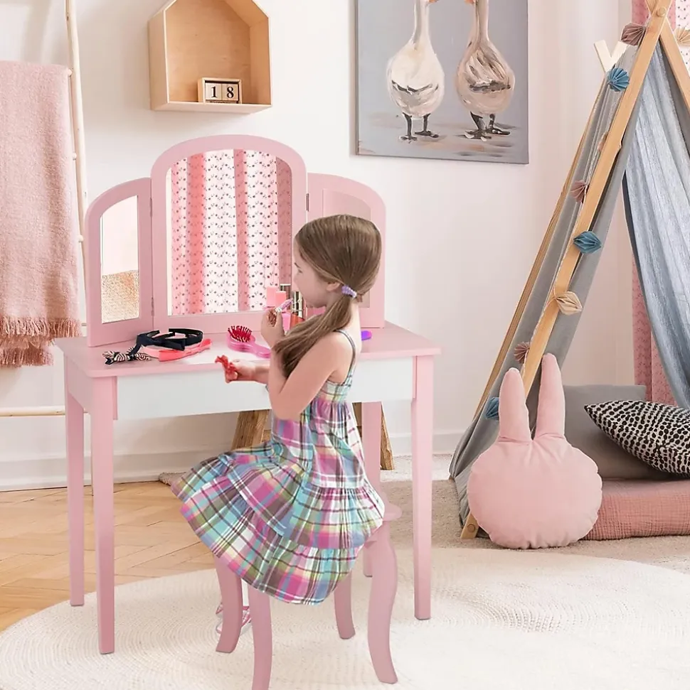Coiffeuse pour Enfant avec Miroir Pliant Inclus de Table de Maquillage et Tabouret 1 Grand Tiroir Accessoire de Maquillage
