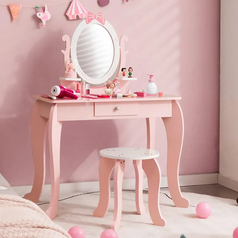 Coiffeuse pour Enfant Ensemble Coiffeuse et Chaise avec Miroir Rotatif Détachable Table de Maquillage avec Motif de Nœud Papillon