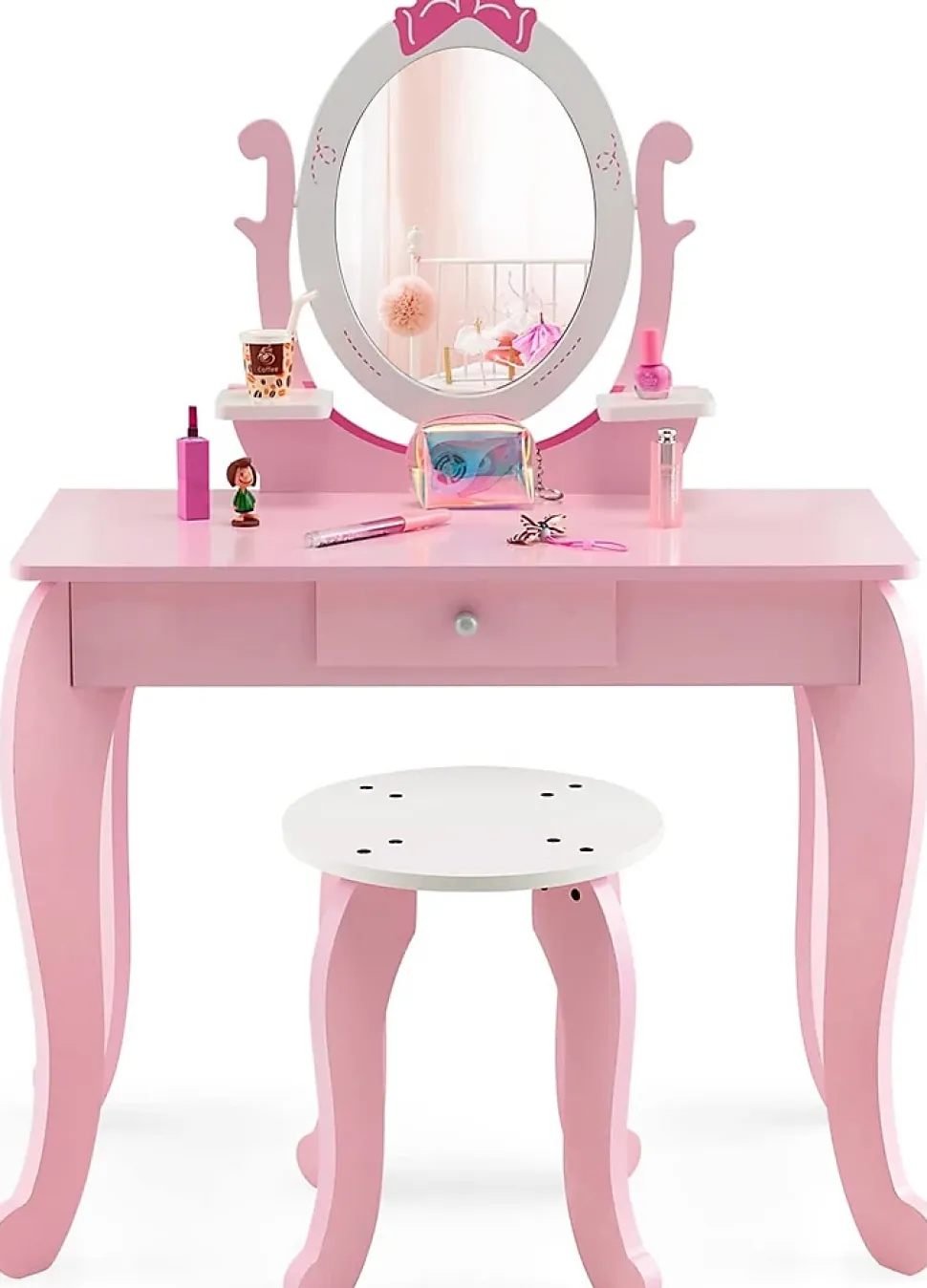 Coiffeuse pour Enfant Ensemble Coiffeuse et Chaise avec Miroir Rotatif Détachable Table de Maquillage avec Motif de Nœud Papillon