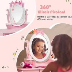 Coiffeuse pour Enfant Ensemble Coiffeuse et Chaise avec Miroir Rotatif Détachable Table de Maquillage avec Motif de Nœud Papillon