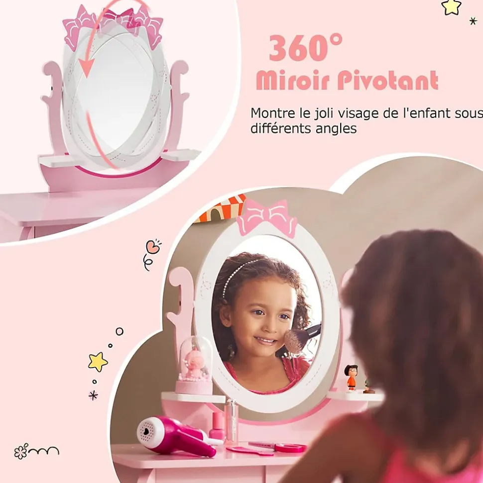 Coiffeuse pour Enfant Ensemble Coiffeuse et Chaise avec Miroir Rotatif Détachable Table de Maquillage avec Motif de Nœud Papillon