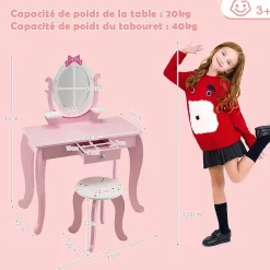 Coiffeuse pour Enfant Ensemble Coiffeuse et Chaise avec Miroir Rotatif Détachable Table de Maquillage avec Motif de Nœud Papillon