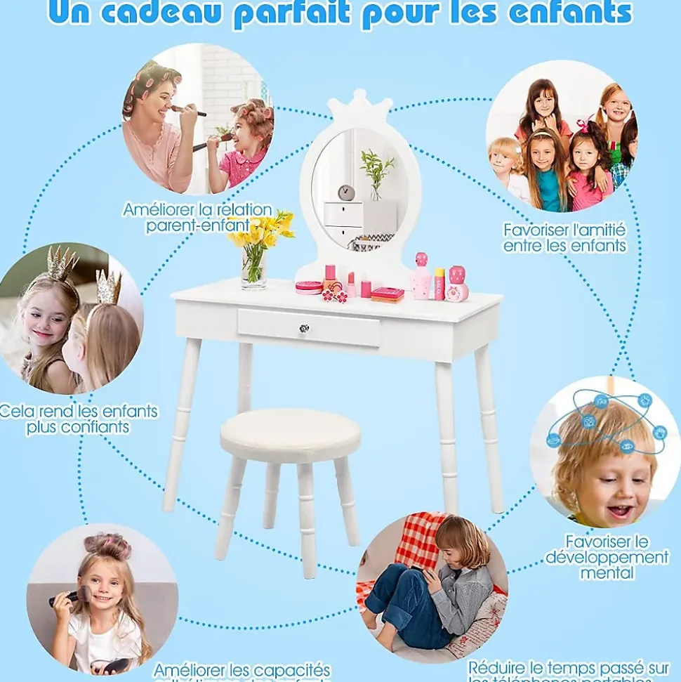 Coiffeuse pour enfants avec tabouret coiffeuse et chaise table cosmetique avec miroir et tiroir egalement comme bureau