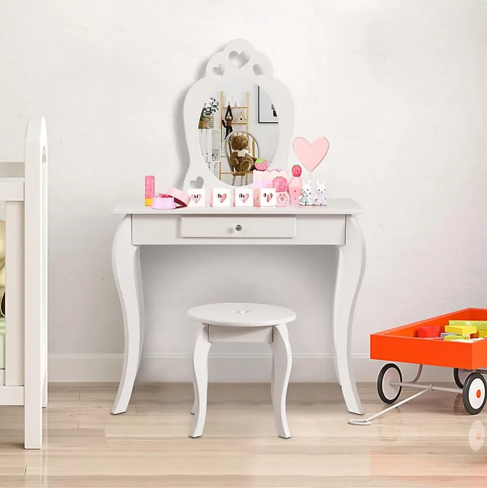 Coiffeuse Princesse Europeenne Table de Maquillage pour Enfant avec Tabouret Miroir et Tiroir en MDF Pieds en Bois de Pin