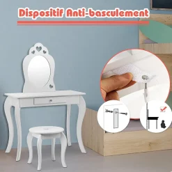 Coiffeuse Princesse Europeenne Table de Maquillage pour Enfant avec Tabouret Miroir et Tiroir en MDF Pieds en Bois de Pin