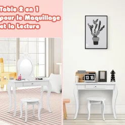 Coiffeuse Princesse Europeenne Table de Maquillage pour Enfant avec Tabouret Miroir et Tiroir en MDF Pieds en Bois de Pin