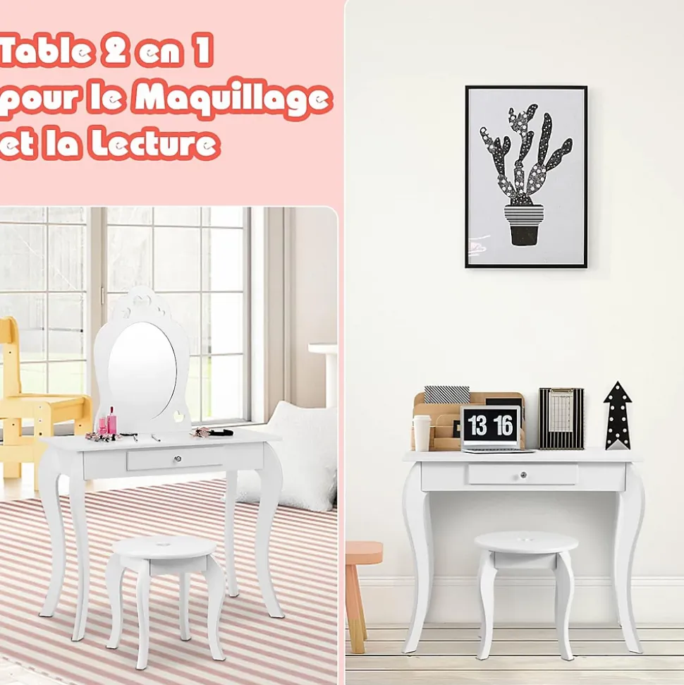 Coiffeuse Princesse Europeenne Table de Maquillage pour Enfant avec Tabouret Miroir et Tiroir en MDF Pieds en Bois de Pin