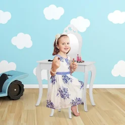 Coiffeuse Princesse Europeenne Table de Maquillage pour Enfant avec Tabouret Miroir et Tiroir en MDF Pieds en Bois de Pin