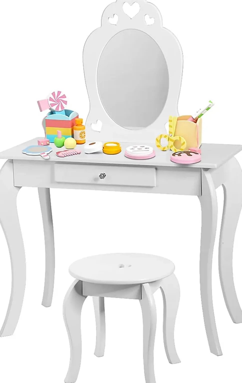 Coiffeuse Princesse Europeenne Table de Maquillage pour Enfant avec Tabouret Miroir et Tiroir en MDF Pieds en Bois de Pin