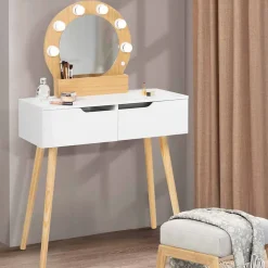 Coiffeuse scandinave 2 tiroirs HORIA bois et blanc avec miroir LED
