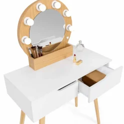 Coiffeuse scandinave 2 tiroirs HORIA bois et blanc avec miroir LED