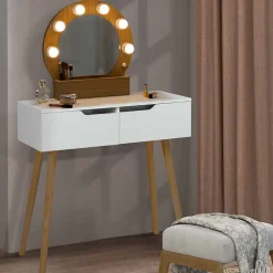 Coiffeuse scandinave 2 tiroirs HORIA bois et blanc avec miroir LED