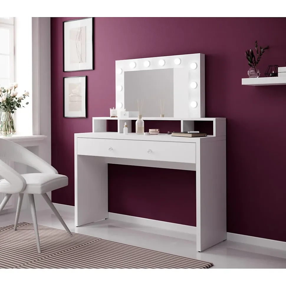 Coiffeuse SENSA blanche Avec miroir, tiroir, étagère et LED Design épuré et fonctionnel