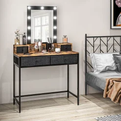 Coiffeuse style industriel - miroir LED réglable - 4 tiroirs tissu - acier noir aspect bois vieilli