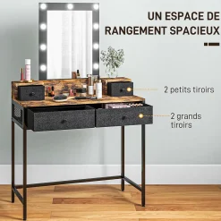Coiffeuse style industriel - miroir LED réglable - 4 tiroirs tissu - acier noir aspect bois vieilli