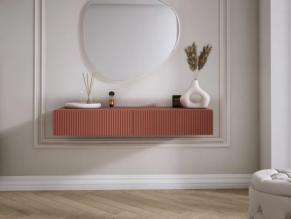 Coiffeuse suspendue avec deux tiroirs, façade rainurée - Couleur : rouge brique, 100 x 40 x 16 cm
