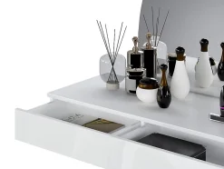 Coiffeuse suspendue avec miroir à LEDs - 2 tiroirs - Blanc brillant - JINEZA
