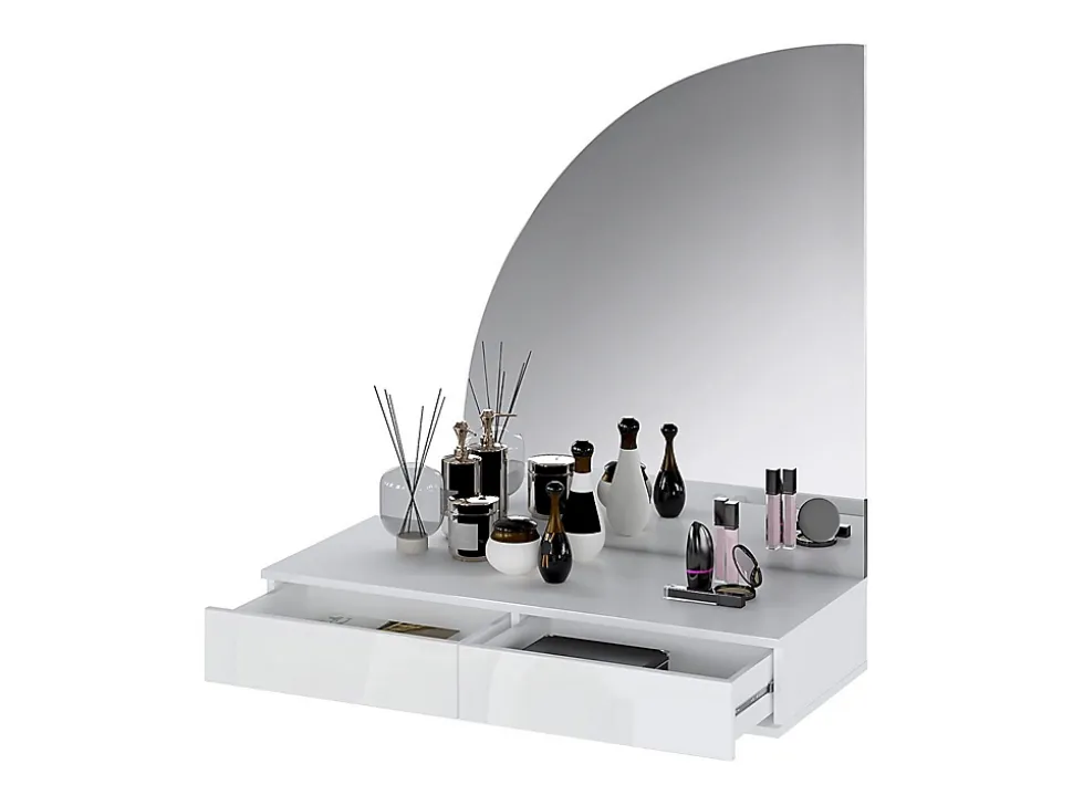 Coiffeuse suspendue avec miroir à LEDs - 2 tiroirs - Blanc brillant - JINEZA