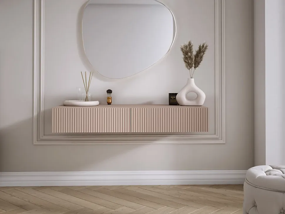 Coiffeuse suspendue avec deux tiroirs, façade rainurée - Couleur : brun caramel, 100 x 40 x 16 cm