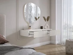 Coiffeuse suspendue avec deux tiroirs, façade rainurée - Couleur : blanc, 100 x 40 x 16 cm