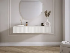 Coiffeuse suspendue avec deux tiroirs, façade rainurée - Couleur : blanc, 100 x 40 x 16 cm