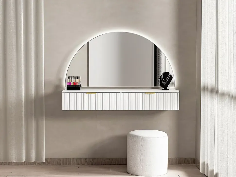 Coiffeuse suspendue avec miroir et LEDs - 2 tiroirs - Blanc - FRALYN