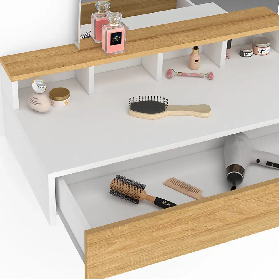 Coiffeuse suspendue ZELIA miroir LED avec 4 niches, 1 tiroir bois et blanc