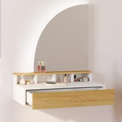 Coiffeuse suspendue ZELIA miroir LED avec 4 niches, 1 tiroir bois et blanc