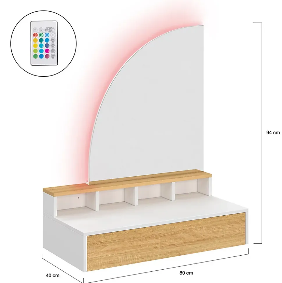 Coiffeuse suspendue ZELIA miroir LED avec 4 niches, 1 tiroir bois et blanc