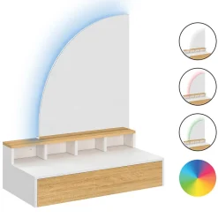 Coiffeuse suspendue ZELIA miroir LED avec 4 niches, 1 tiroir bois et blanc