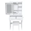 Coiffeuse Table de Maquillage, Miroir LED Réglable et Rangement Caché,Tabouret et Prise Intégrée, MDF/Verre, 60x36x136 cm - Blanc