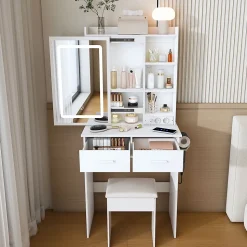 Coiffeuse Table de Maquillage, Miroir LED Réglable et Rangement Caché,Tabouret et Prise Intégrée, MDF/Verre, 60x36x136 cm - Blanc