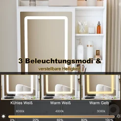 Coiffeuse Table de Maquillage, Miroir LED Réglable et Rangement Caché,Tabouret et Prise Intégrée, MDF/Verre, 60x36x136 cm - Blanc